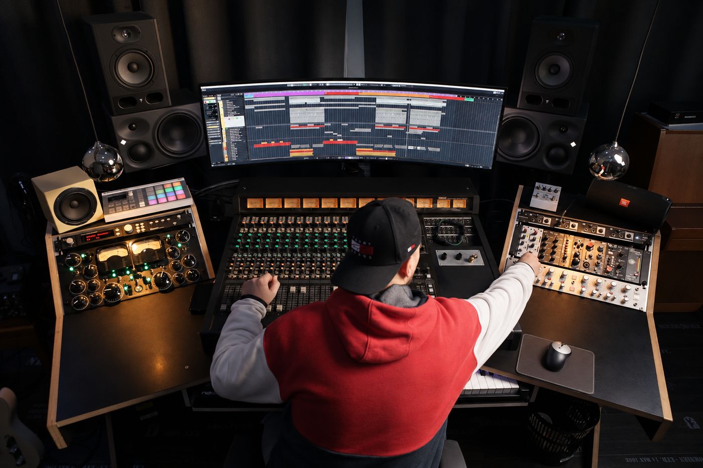Alexander am Mischpult im Tonstudio Fulda, Blick von oben auf Regie, Monitore und Outboard